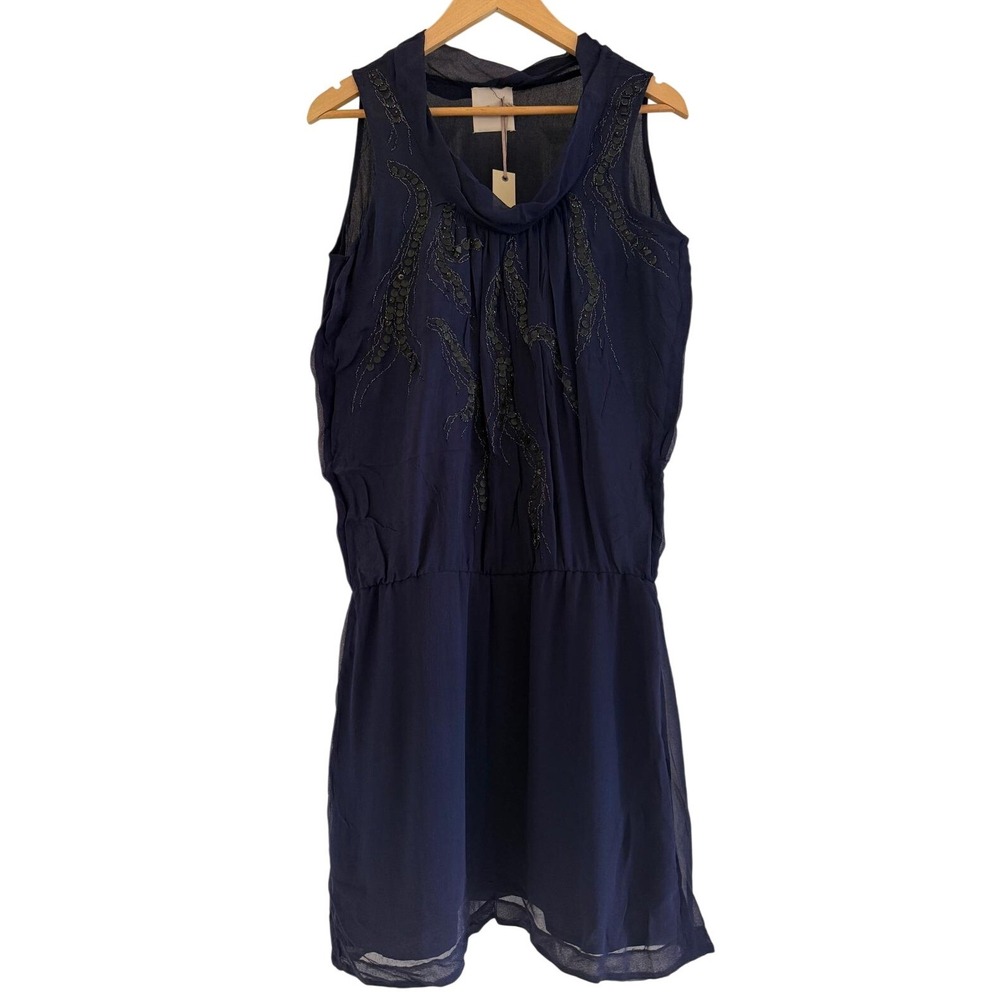 Sairana Navy Blue Sequin Embellished Silk Trim‎ Sleeveless Mini Dress Cowl Neck